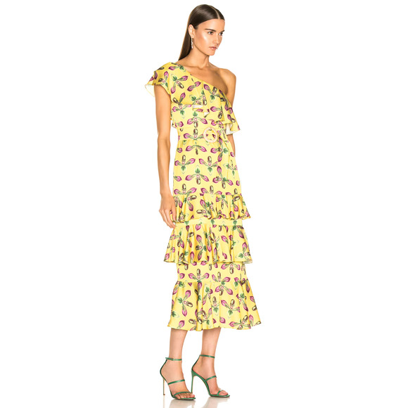 PATBO BRIGHT YELLOW ONE SHOULDER TIERED RUFFLE MIDI DRESS SIZE 2 NWT - Picture 3 of 9